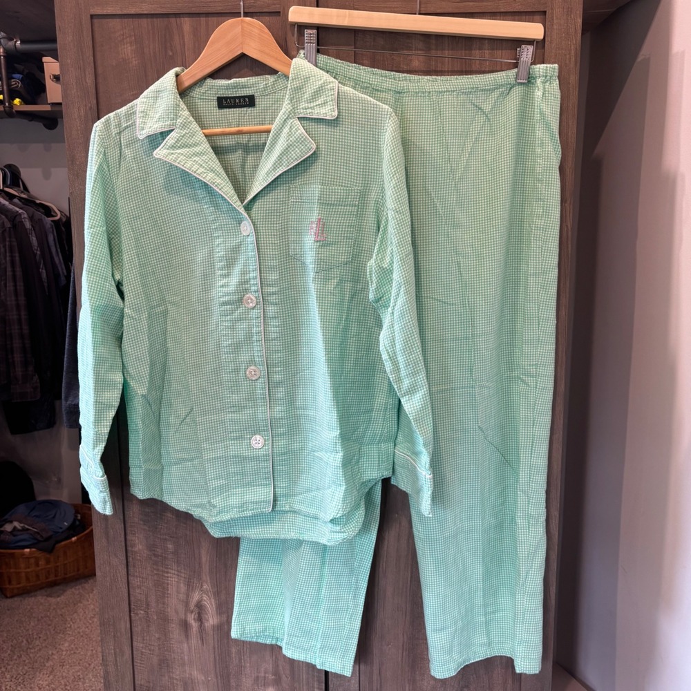 Lauren Ralph Lauren Gingham Cotton Pajama Set Green White Large